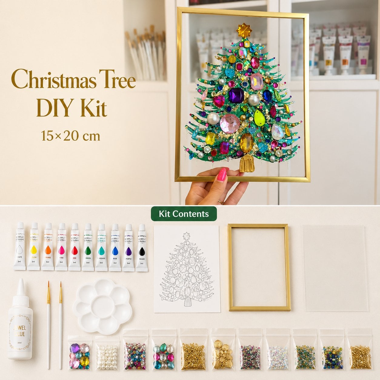 🔥 LAST DAY 49% OFF – 🎄 DIY Jeweled Christmas Tree Art Kit | Colorful Gems, Pearls, Paints & Gold-Tone Floating Display Frame 💎✨(📦Buy 2 Free Shipping)