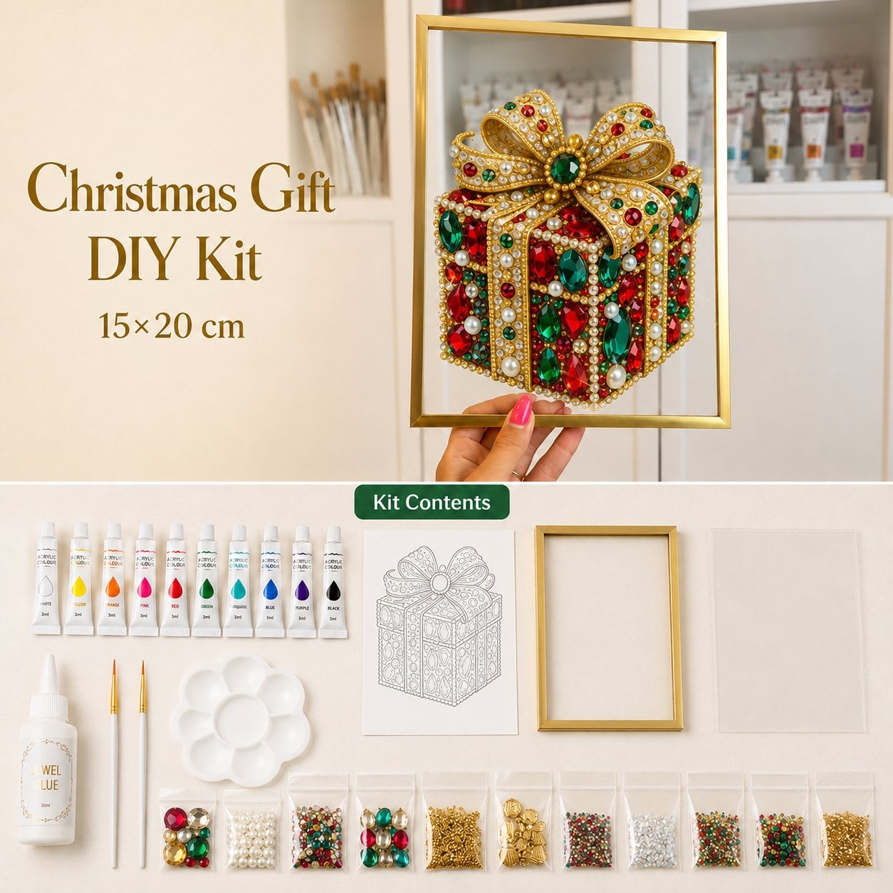 🔥 LAST DAY 49% OFF – 🎄 DIY Jeweled Christmas Tree Art Kit | Colorful Gems, Pearls, Paints & Gold-Tone Floating Display Frame 💎✨(📦Buy 2 Free Shipping)