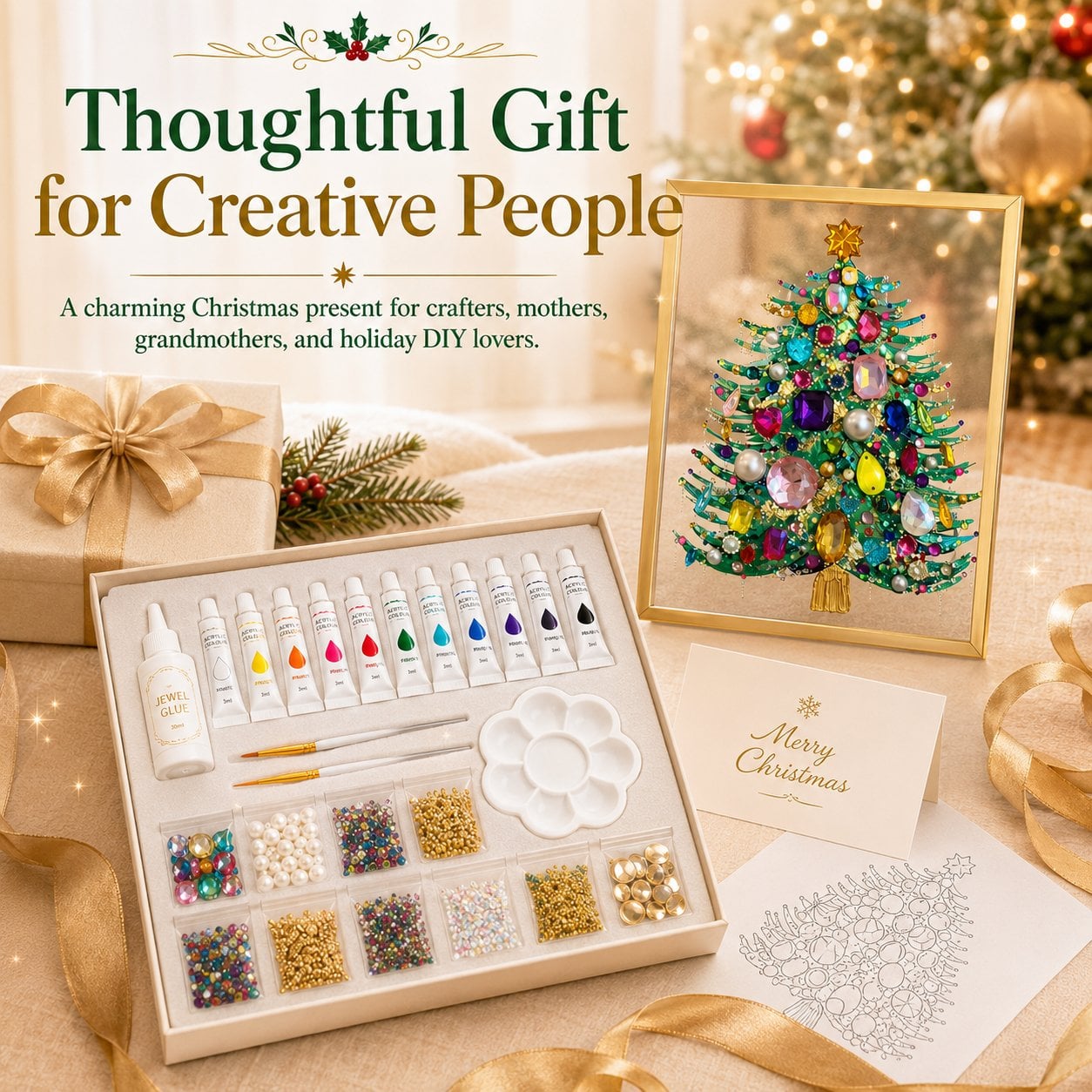 🔥 LAST DAY 49% OFF – 🎄 DIY Jeweled Christmas Tree Art Kit | Colorful Gems, Pearls, Paints & Gold-Tone Floating Display Frame 💎✨(📦Buy 2 Free Shipping)