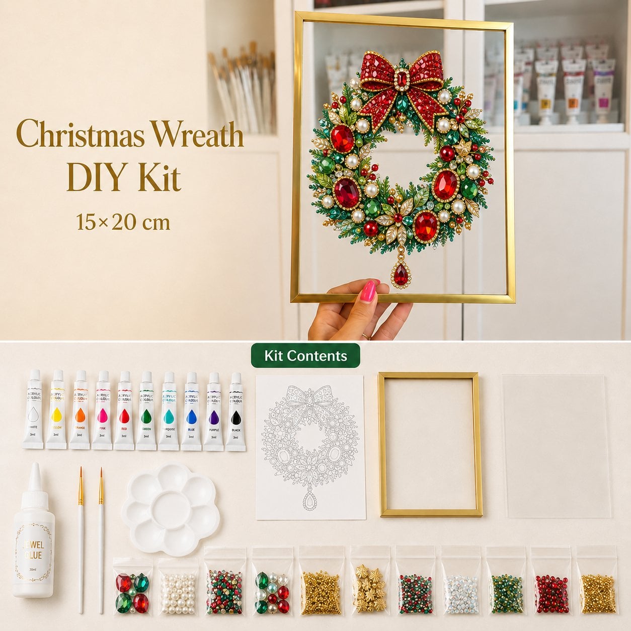 🔥 LAST DAY 49% OFF – 🎄 DIY Jeweled Christmas Tree Art Kit | Colorful Gems, Pearls, Paints & Gold-Tone Floating Display Frame 💎✨(📦Buy 2 Free Shipping)