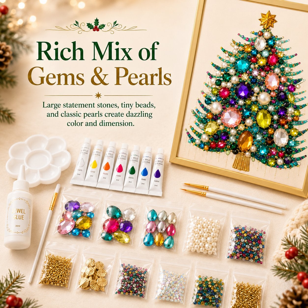 🔥 LAST DAY 49% OFF – 🎄 DIY Jeweled Christmas Tree Art Kit | Colorful Gems, Pearls, Paints & Gold-Tone Floating Display Frame 💎✨(📦Buy 2 Free Shipping)