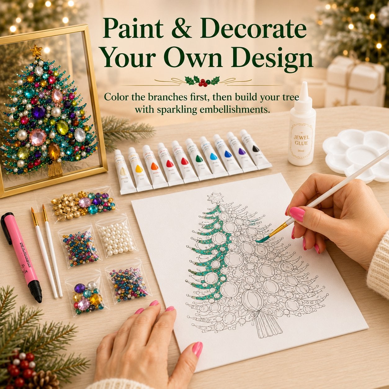 🔥 LAST DAY 49% OFF – 🎄 DIY Jeweled Christmas Tree Art Kit | Colorful Gems, Pearls, Paints & Gold-Tone Floating Display Frame 💎✨(📦Buy 2 Free Shipping)