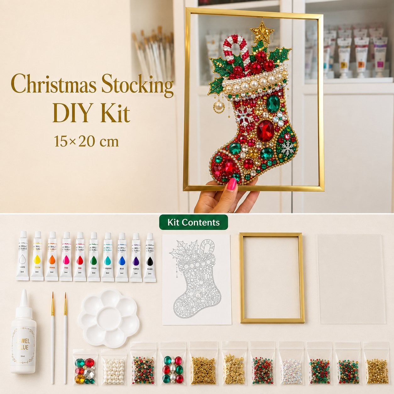 🔥 LAST DAY 49% OFF – 🎄 DIY Jeweled Christmas Tree Art Kit | Colorful Gems, Pearls, Paints & Gold-Tone Floating Display Frame 💎✨(📦Buy 2 Free Shipping)